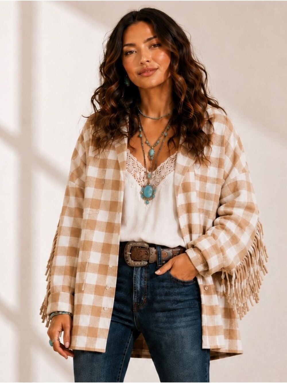 BAEVELY TAN WHITE PLAID CHECK SHACKET JACKET FRINGE DETAILS POCKETS MEDIUM